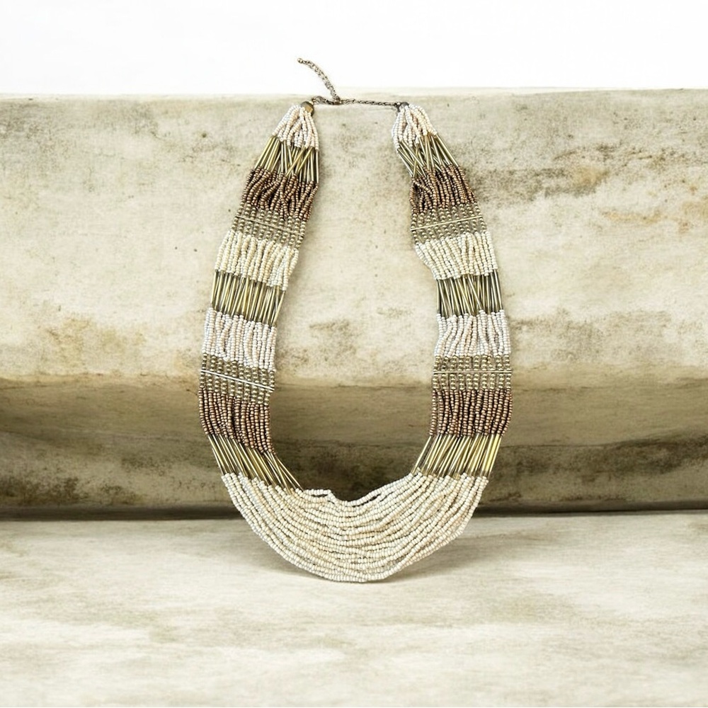 Multi Strand Seed Bead Necklace Cream Gold Tone